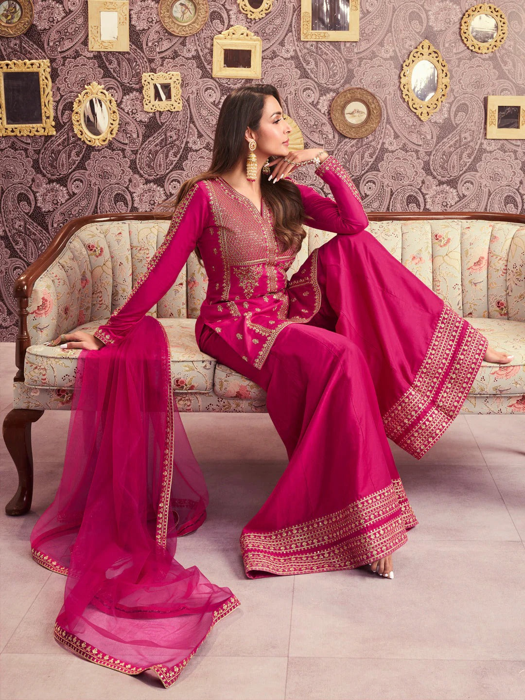 Pink Embroidered Chanderi Silk Palazzo Set
