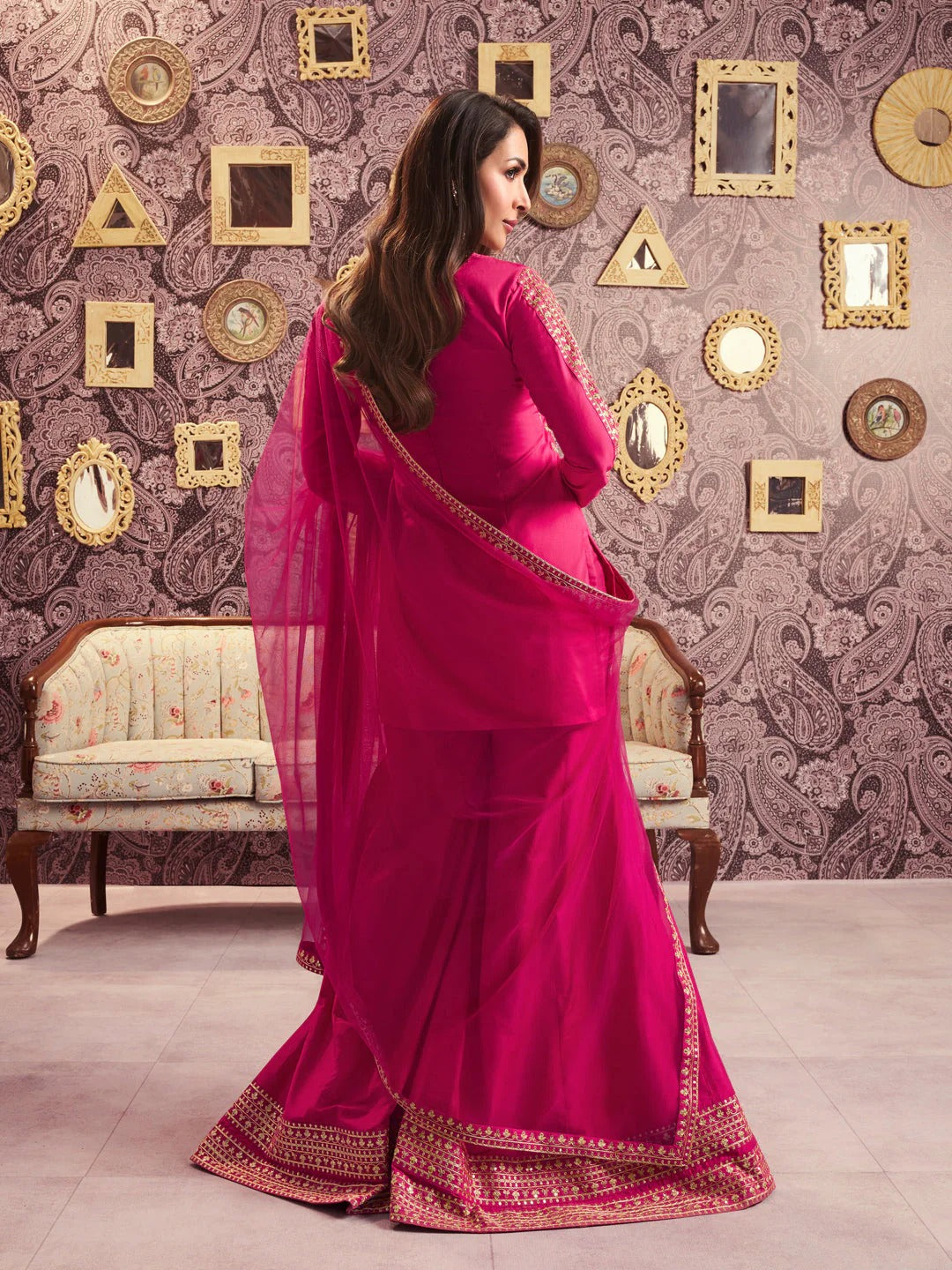 Pink Embroidered Chanderi Silk Palazzo Set