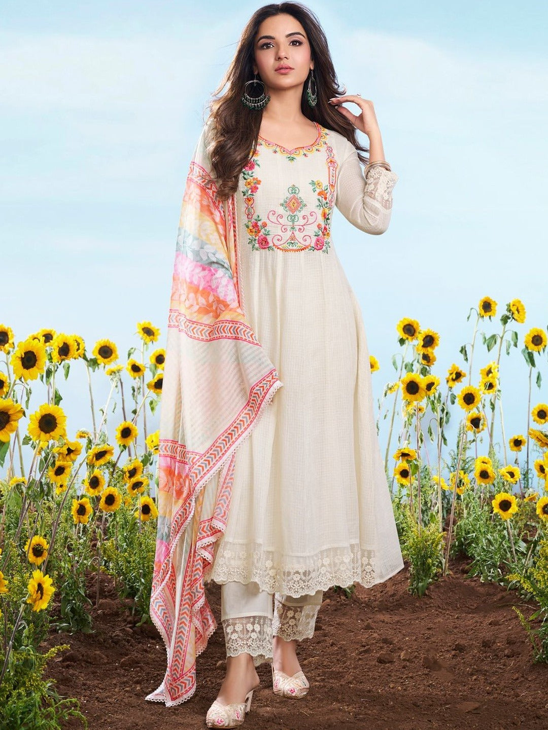 Off White Embroidered Cotton Chex Suit Set