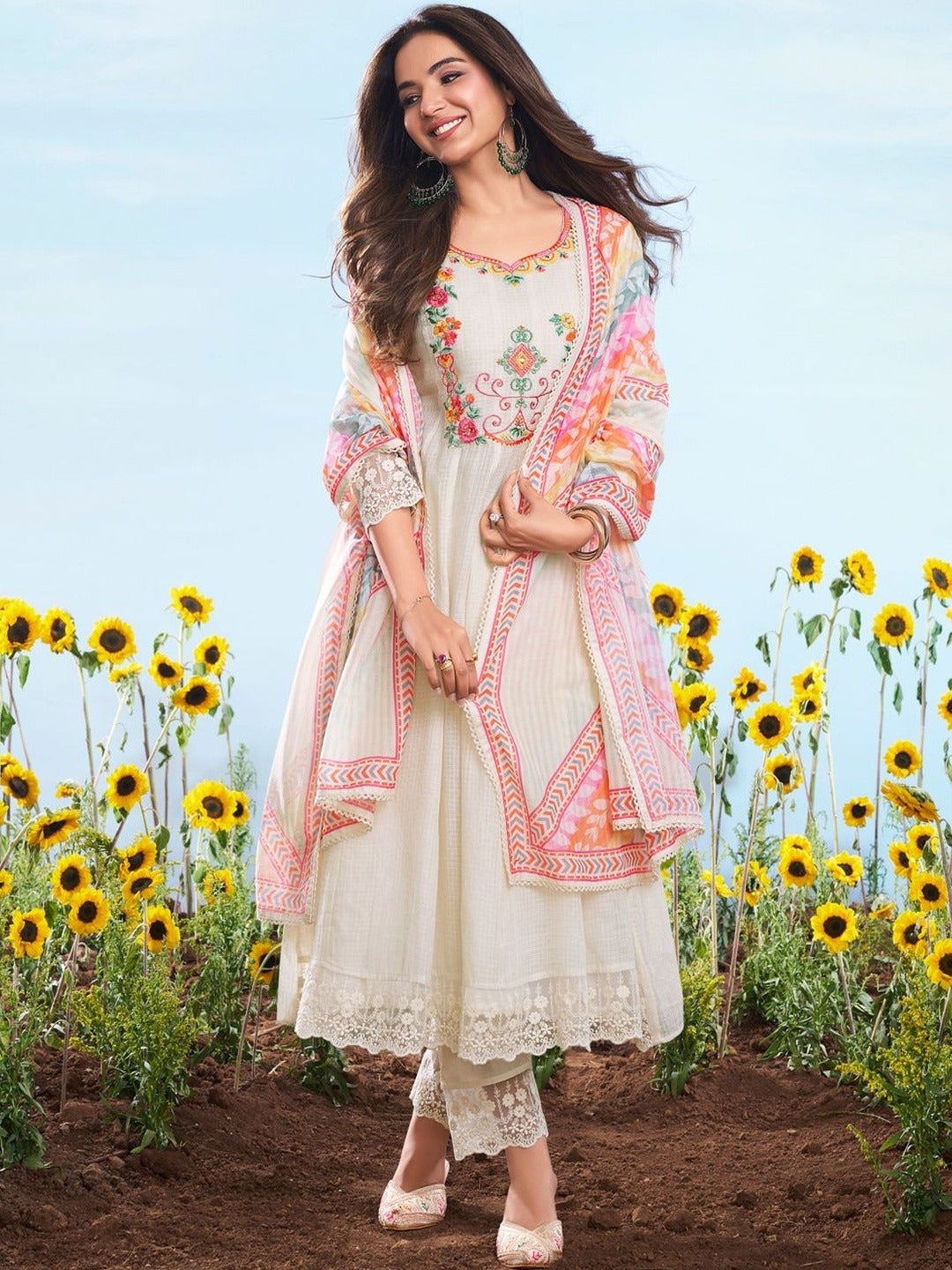 Off White Embroidered Cotton Chex Suit Set