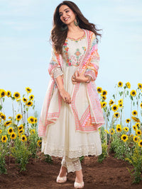 Off White Embroidered Cotton Chex Suit Set