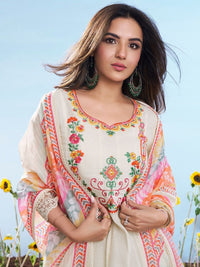 Off White Embroidered Cotton Chex Suit Set