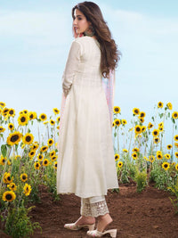 Off White Embroidered Cotton Chex Suit Set