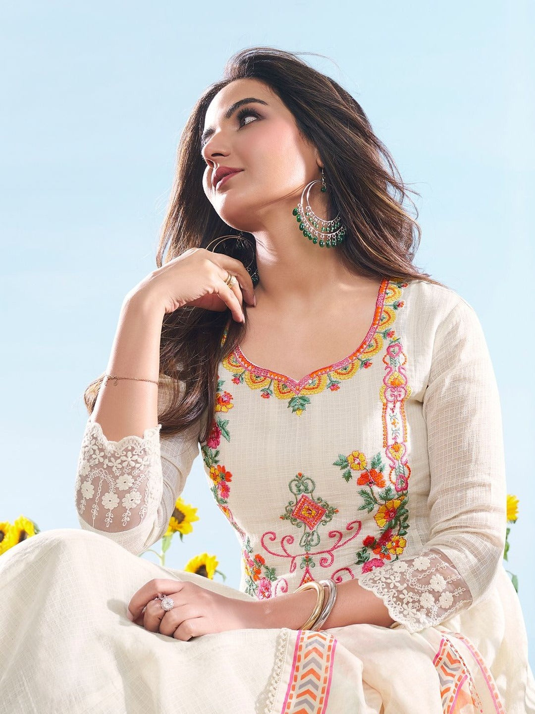 Off White Embroidered Cotton Chex Suit Set