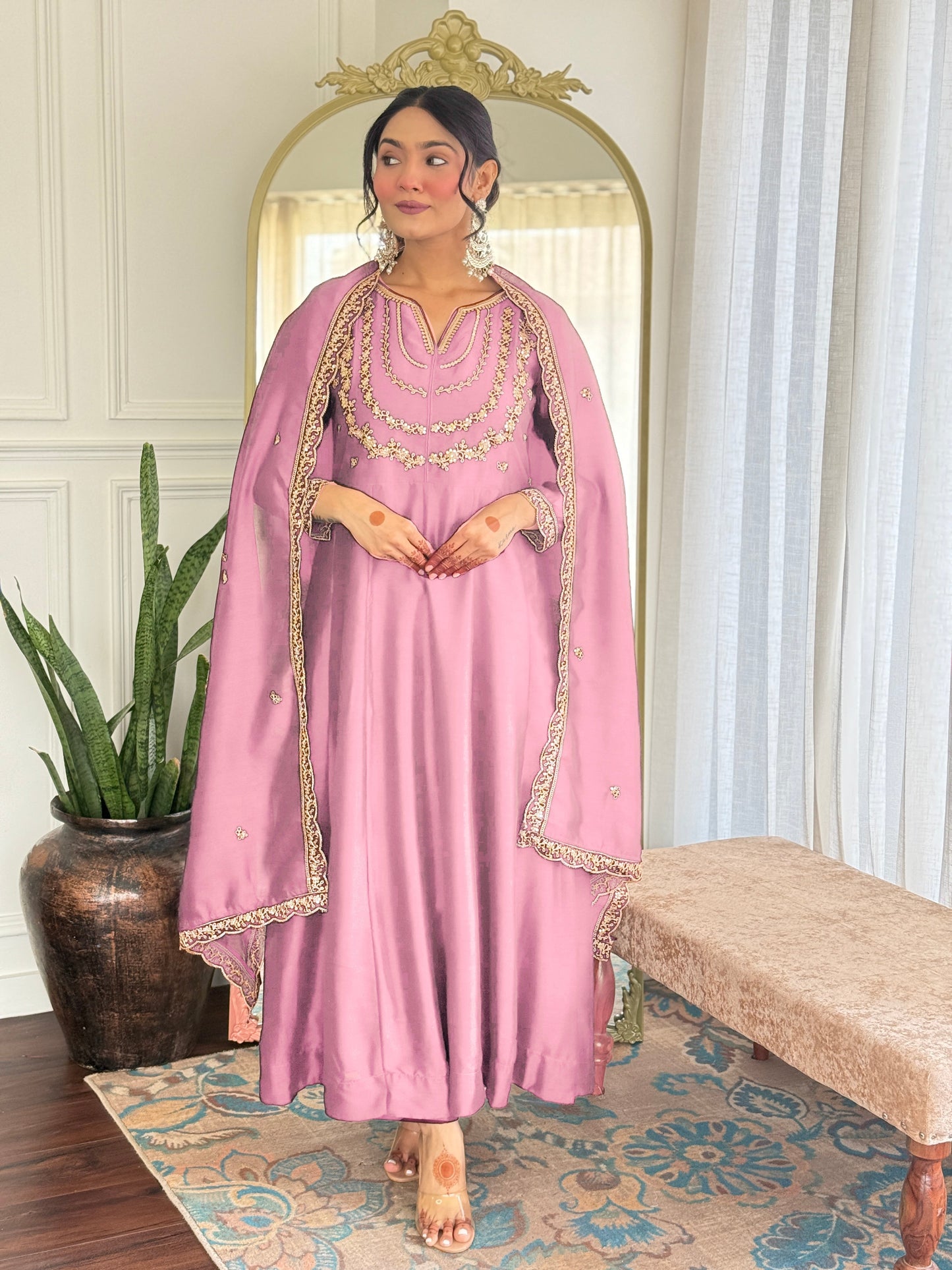 Pink Vichitra Silk Anarkali Kurta Set