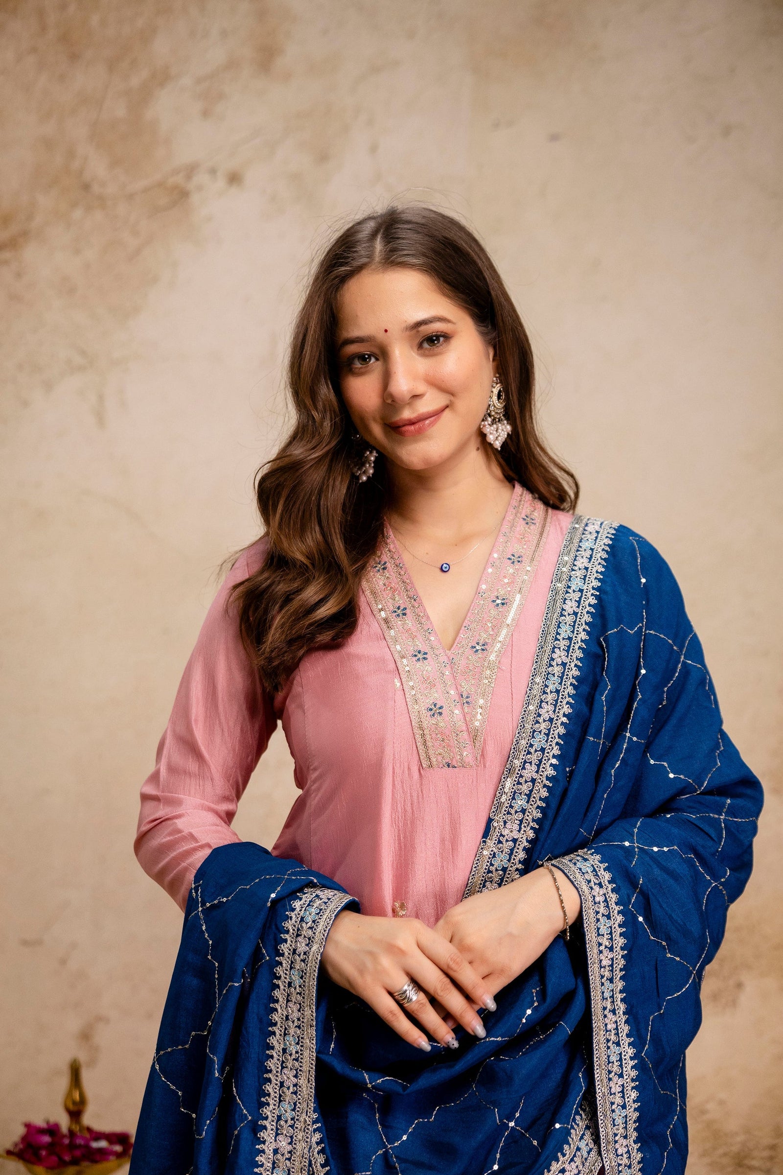 Pink Vichitra Silk Embroidered Anarkali Suit Set