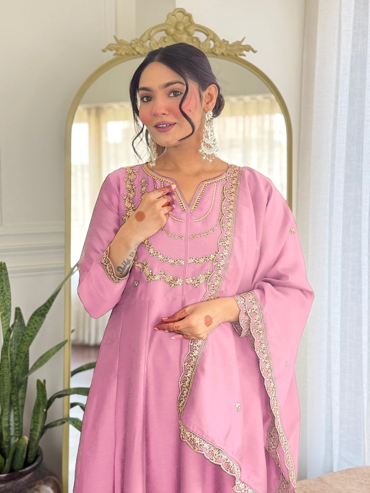 Pink Vichitra Silk Anarkali Kurta Set