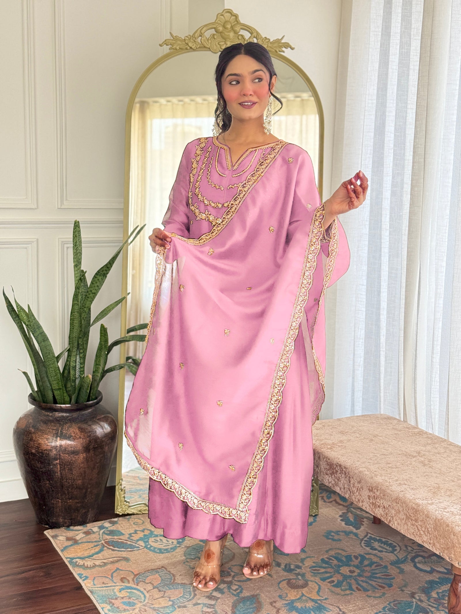 Pink Vichitra Silk Anarkali Kurta Set