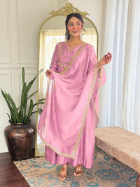 Pink Vichitra Silk Anarkali Kurta Set