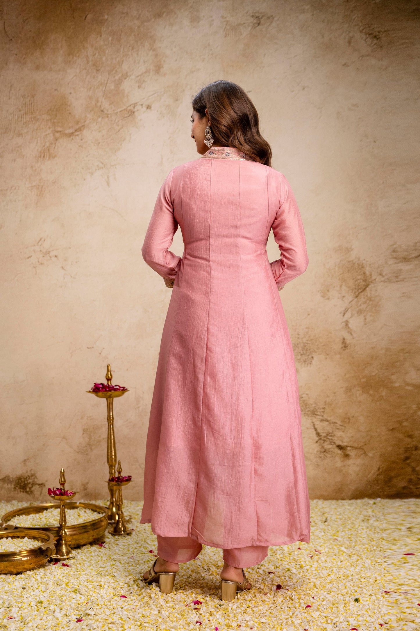 Pink Vichitra Silk Embroidered Anarkali Suit Set