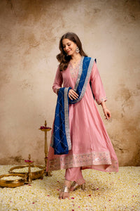 Pink Vichitra Silk Embroidered Anarkali Suit Set