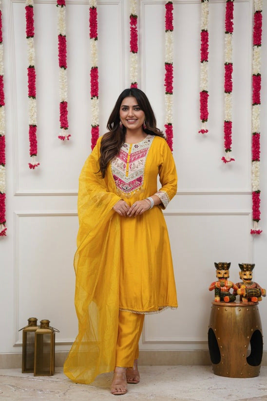 Mustard Yellow Embroidered Anarkali Kurta Pant Set
