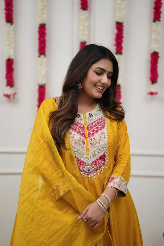 Mustard Yellow Embroidered Anarkali Kurta Pant Set