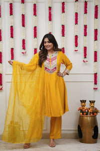 Mustard Yellow Embroidered Anarkali Kurta Pant Set