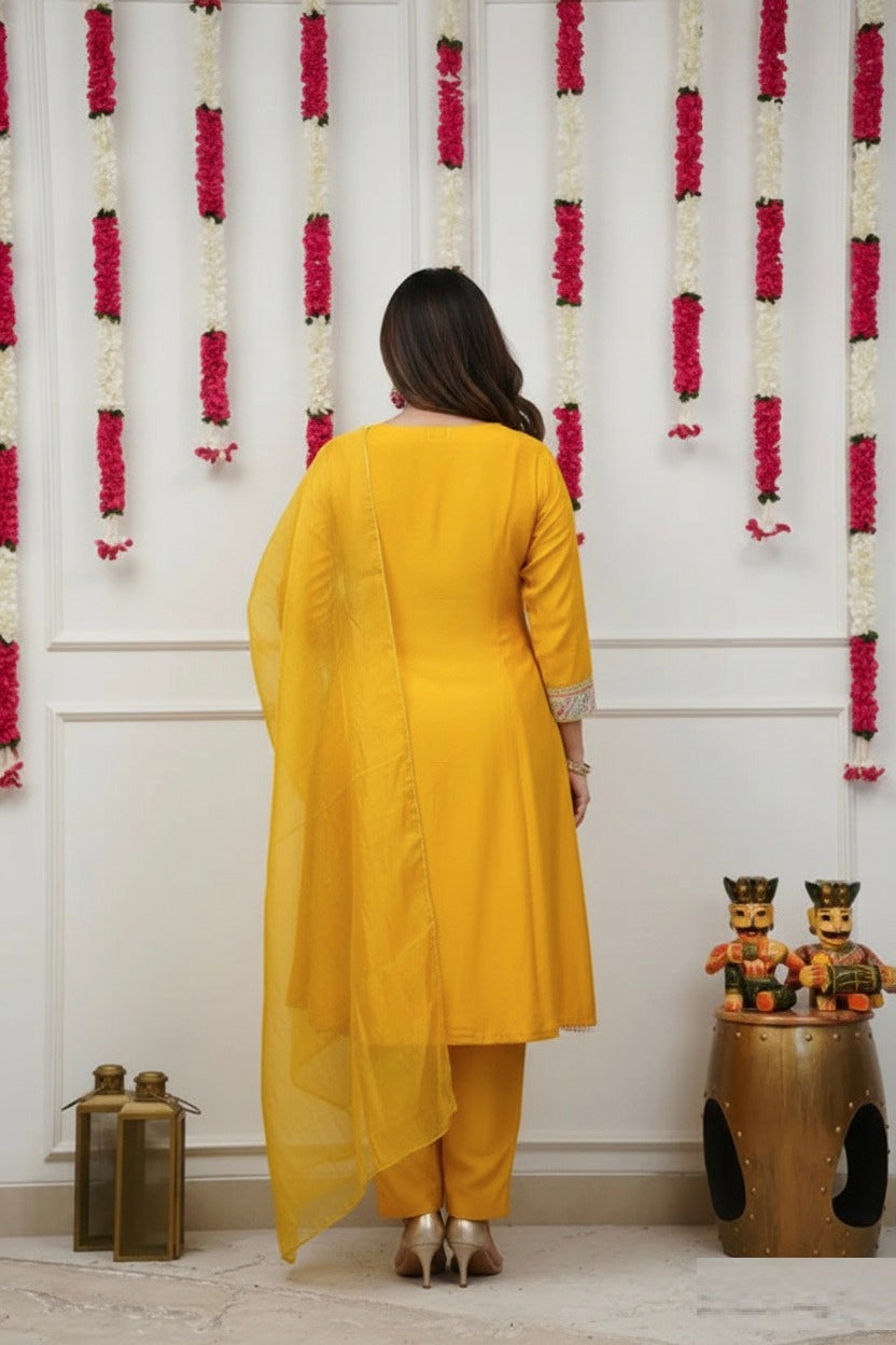 Mustard Yellow Embroidered Anarkali Kurta Pant Set