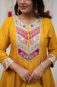 Mustard Yellow Embroidered Anarkali Kurta Pant Set