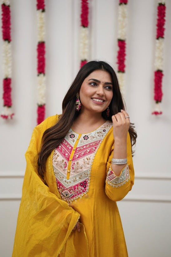 Mustard Yellow Embroidered Anarkali Kurta Pant Set
