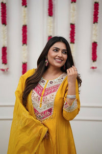 Mustard Yellow Embroidered Anarkali Kurta Pant Set