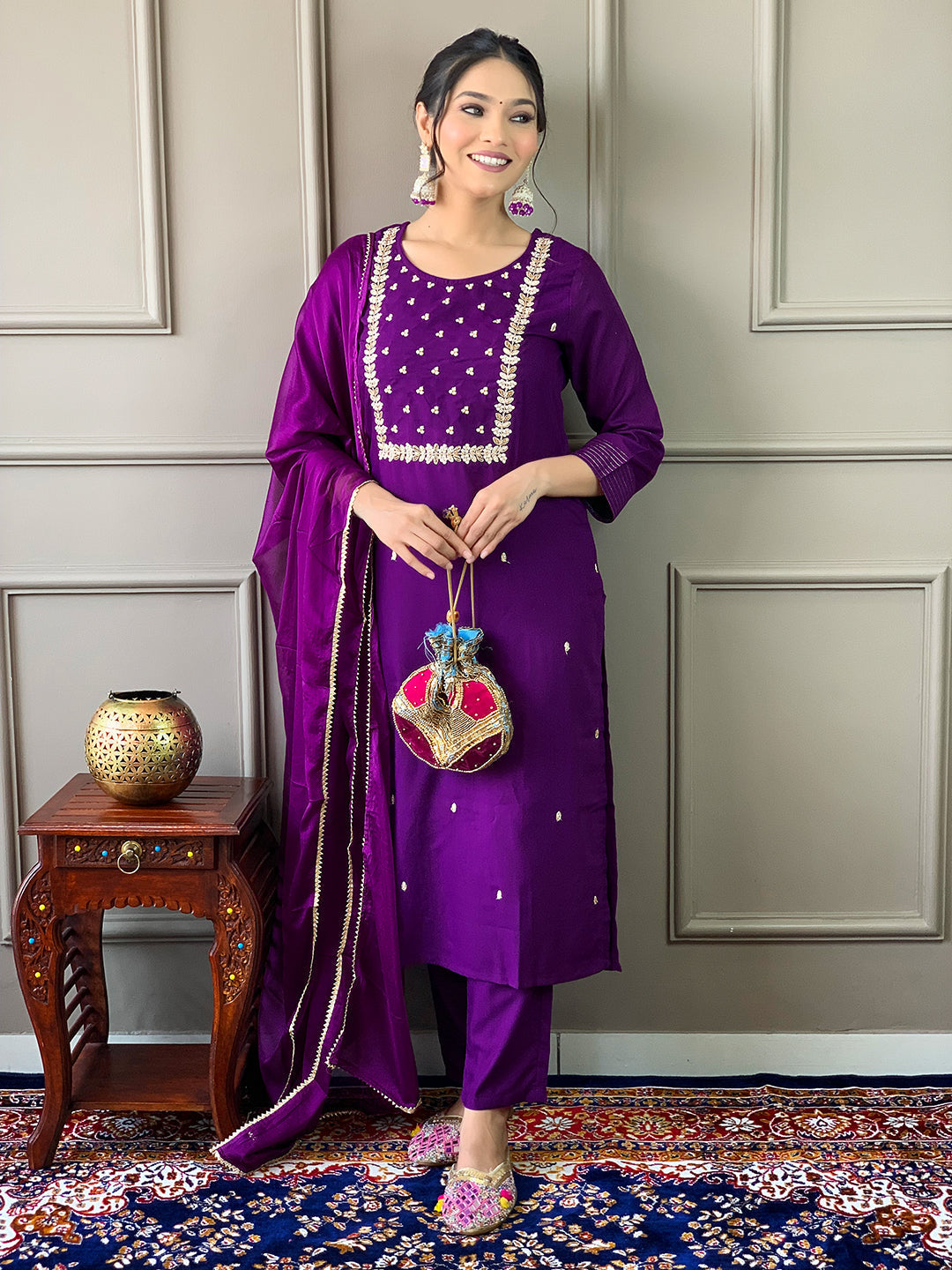 Wine Mehira Embroidered Rayon Suit Set