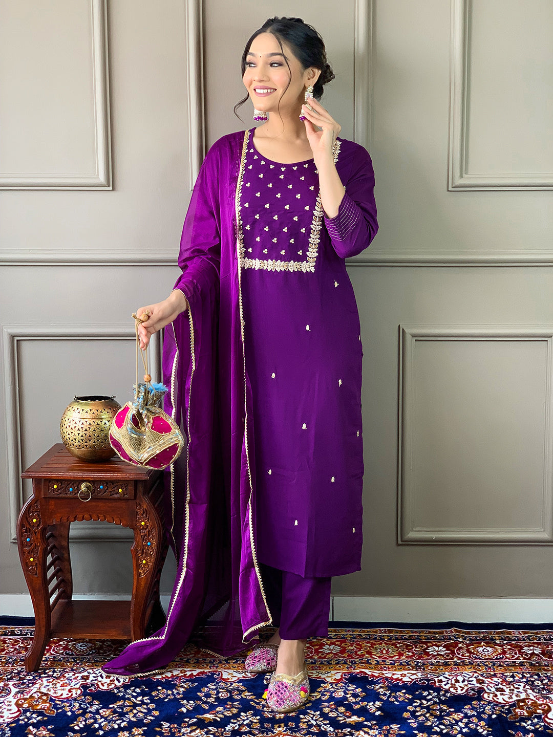Wine Mehira Embroidered Rayon Suit Set