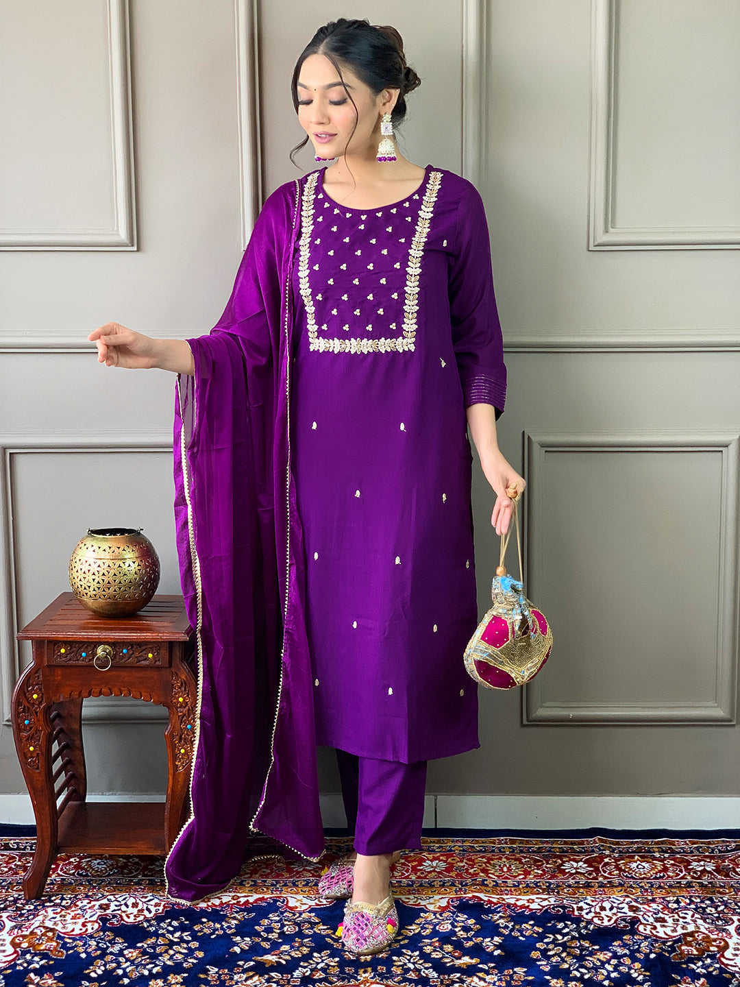 Wine Mehira Embroidered Rayon Suit Set