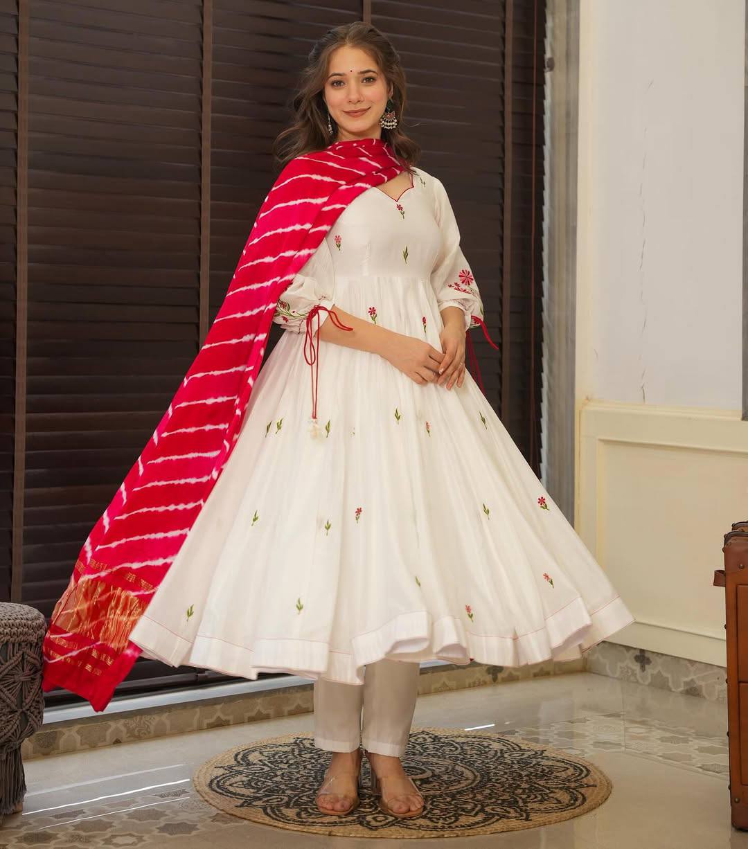 Off White Embroidered Chanderi Suit Set