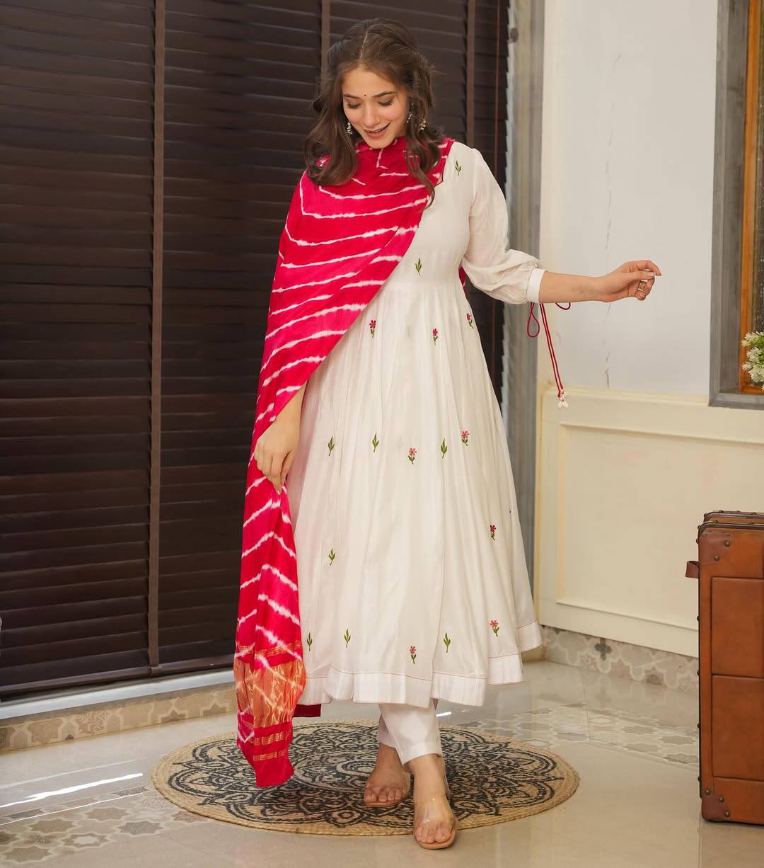 Off White Embroidered Chanderi Suit Set