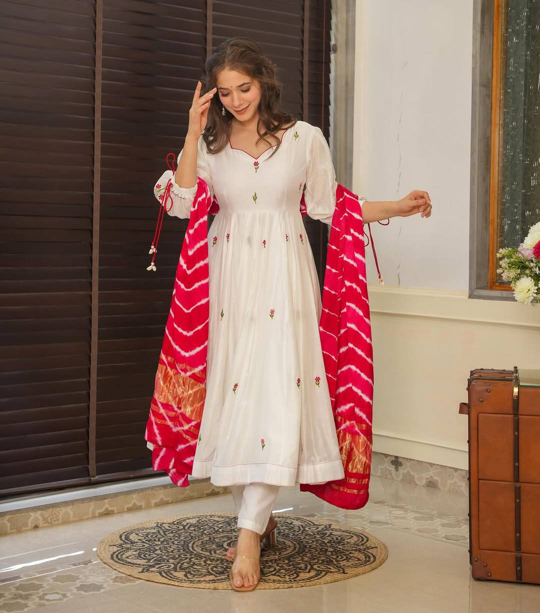 Off White Embroidered Chanderi Suit Set