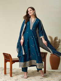 Rama Green Vichitra Embroidered Kurta Set