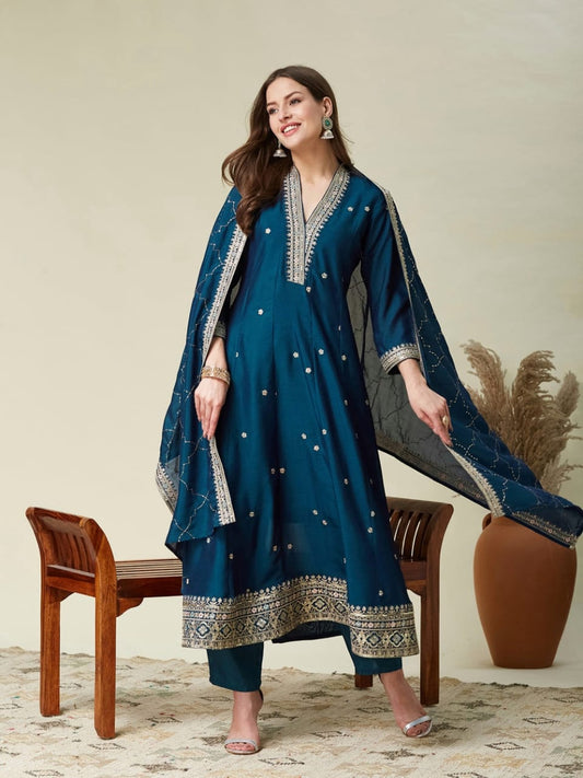 Rama Green Vichitra Embroidered Kurta Set