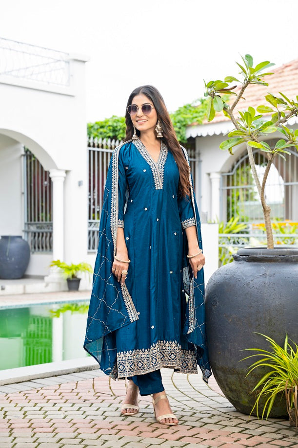 Rama Vichitra Silk Embroidered Anarkali Suit Set