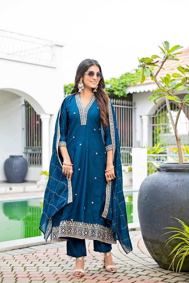 Rama Vichitra Silk Embroidered Anarkali Suit Set