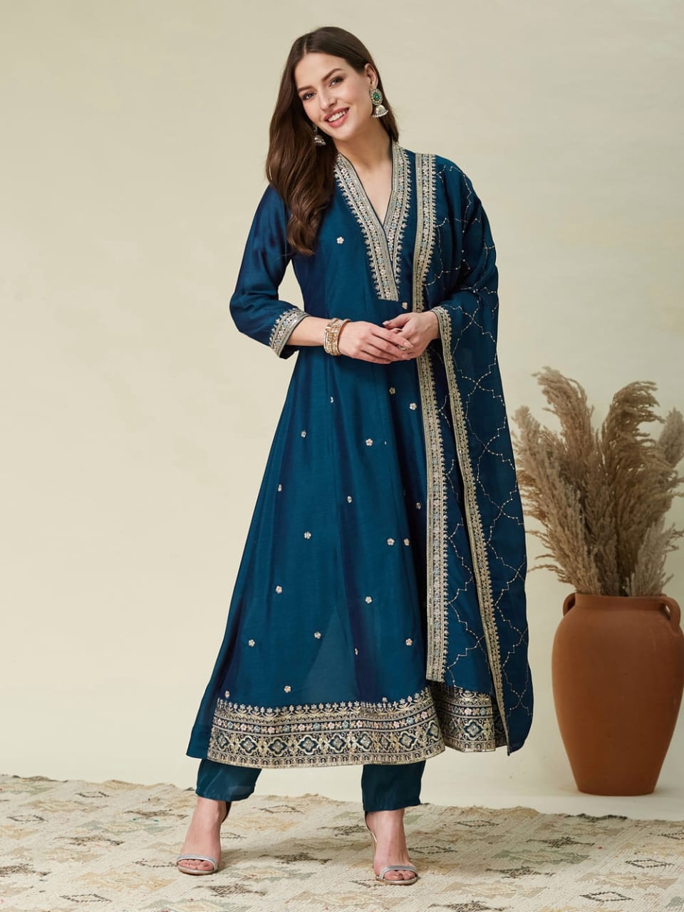 Rama Green Vichitra Embroidered Kurta Set