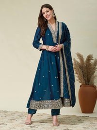 Rama Green Vichitra Embroidered Kurta Set