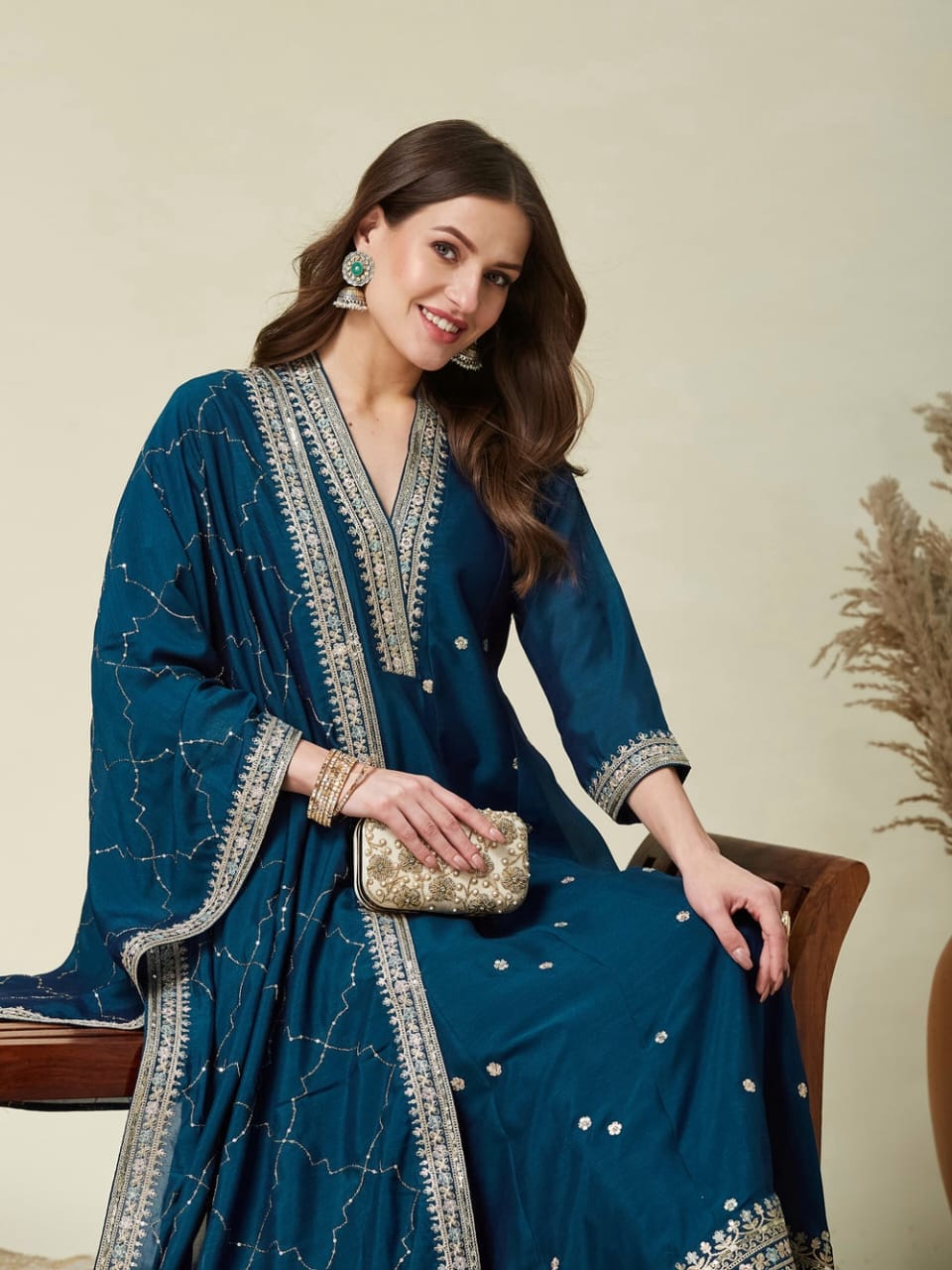 Rama Green Vichitra Embroidered Kurta Set