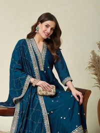 Rama Green Vichitra Embroidered Kurta Set