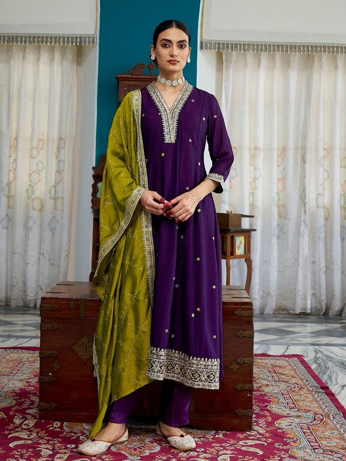 Dark Purple Vichitra Embroidered Kurta Set
