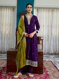 Dark Purple Vichitra Embroidered Kurta Set