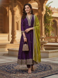 Dark Purple Vichitra Embroidered Kurta Set