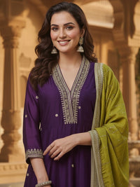 Dark Purple Vichitra Embroidered Kurta Set