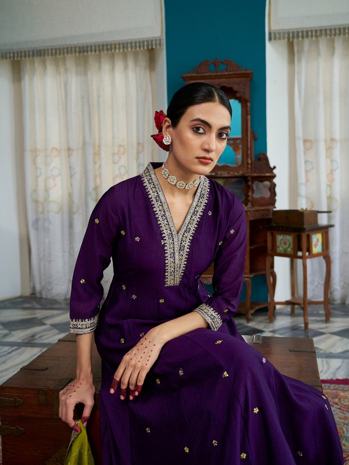 Dark Purple Vichitra Embroidered Kurta Set