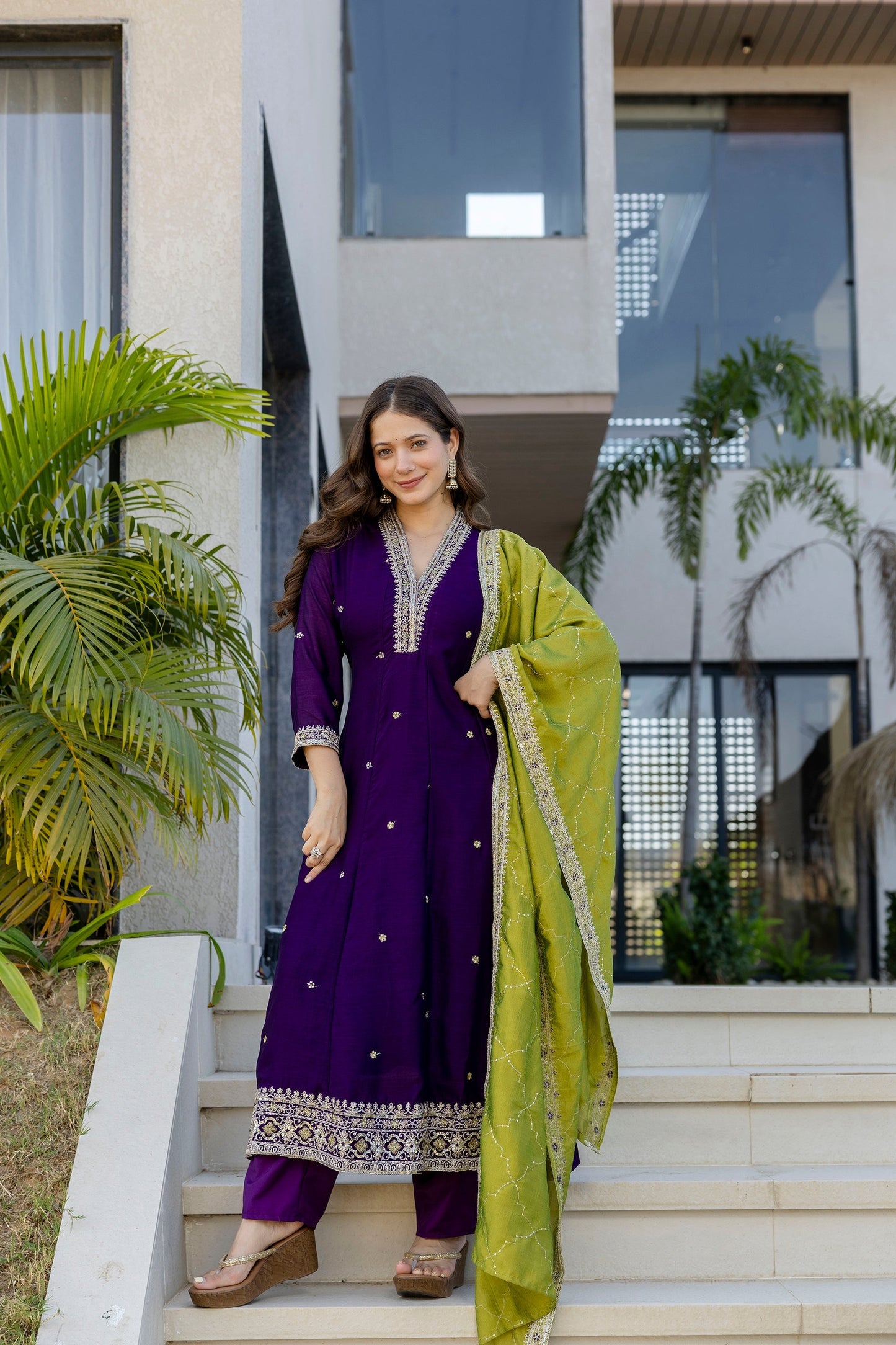 Wine Vichitra Silk Embroidered Anarkali Suit Set