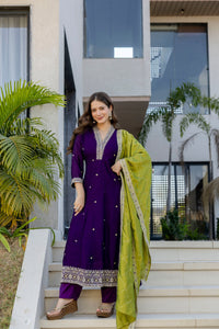 Wine Vichitra Silk Embroidered Anarkali Suit Set