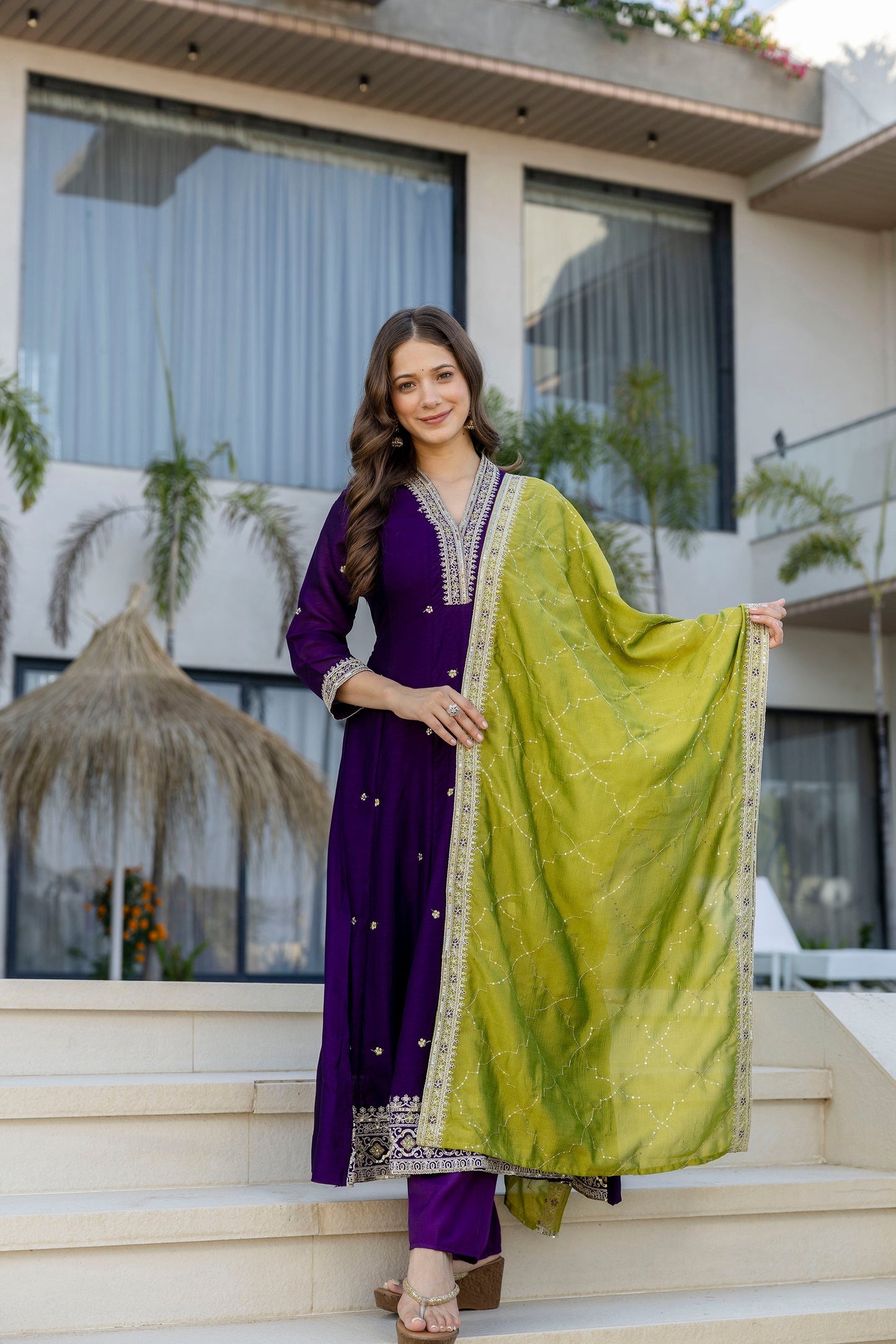 Wine Vichitra Silk Embroidered Anarkali Suit Set