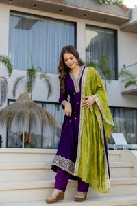 Wine Vichitra Silk Embroidered Anarkali Suit Set