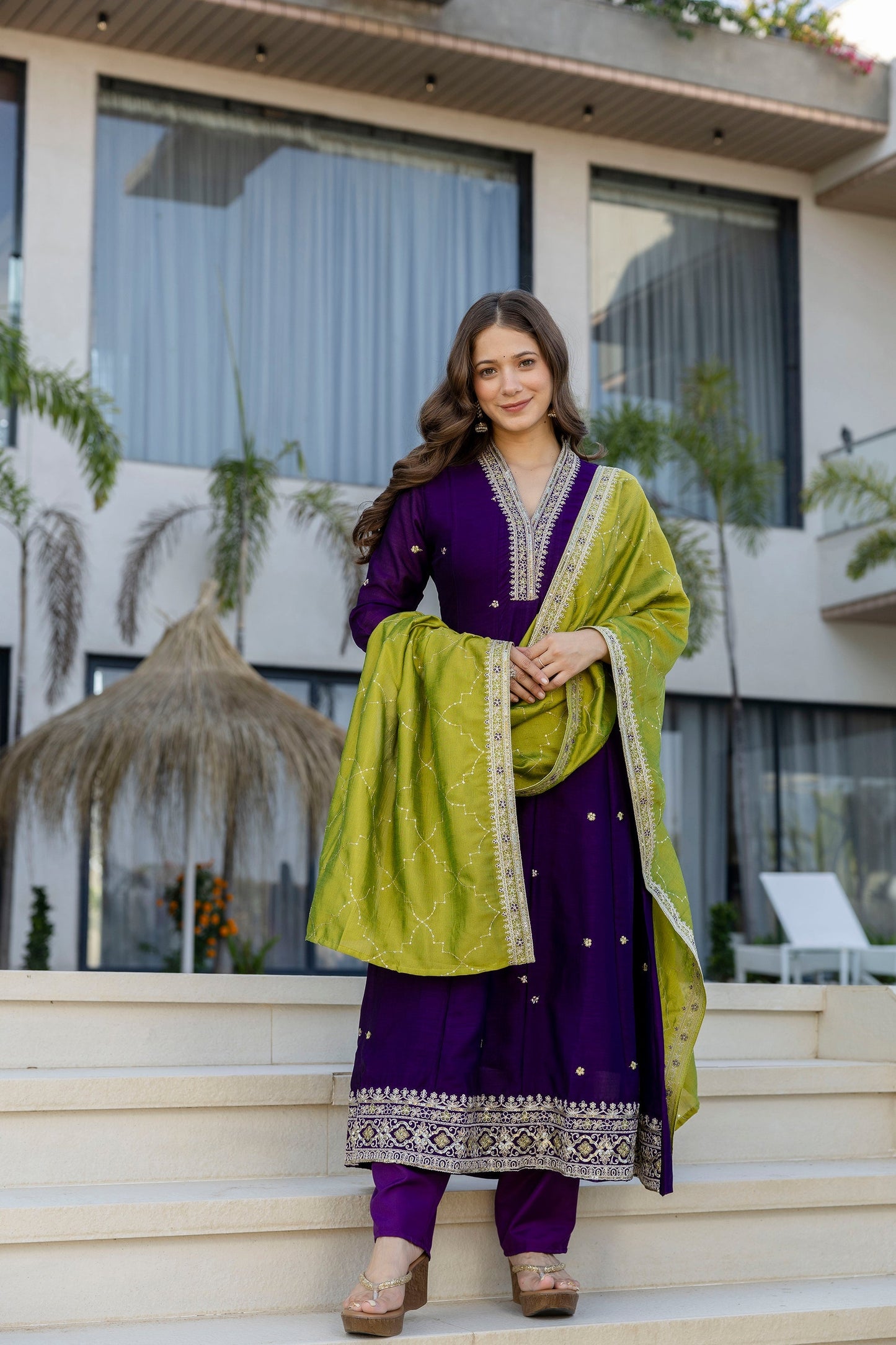 Wine Vichitra Silk Embroidered Anarkali Suit Set