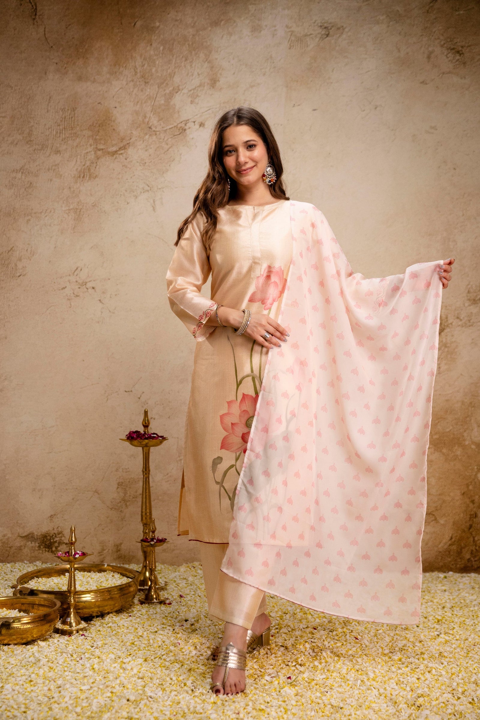 Cream Floral Printed Soft Assam Kurta Pant Set