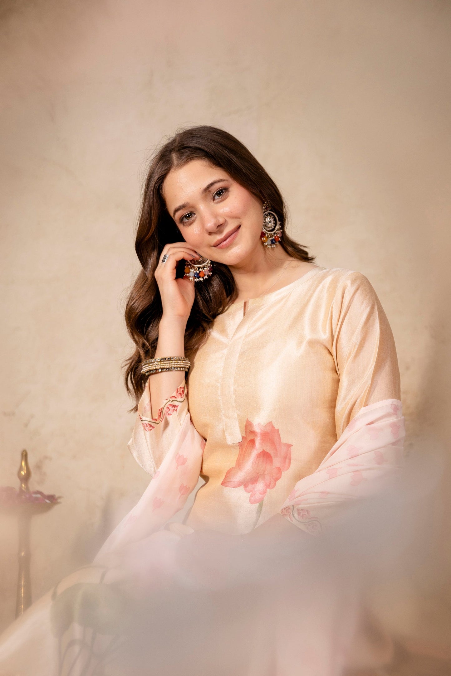 Cream Floral Printed Soft Assam Kurta Pant Set