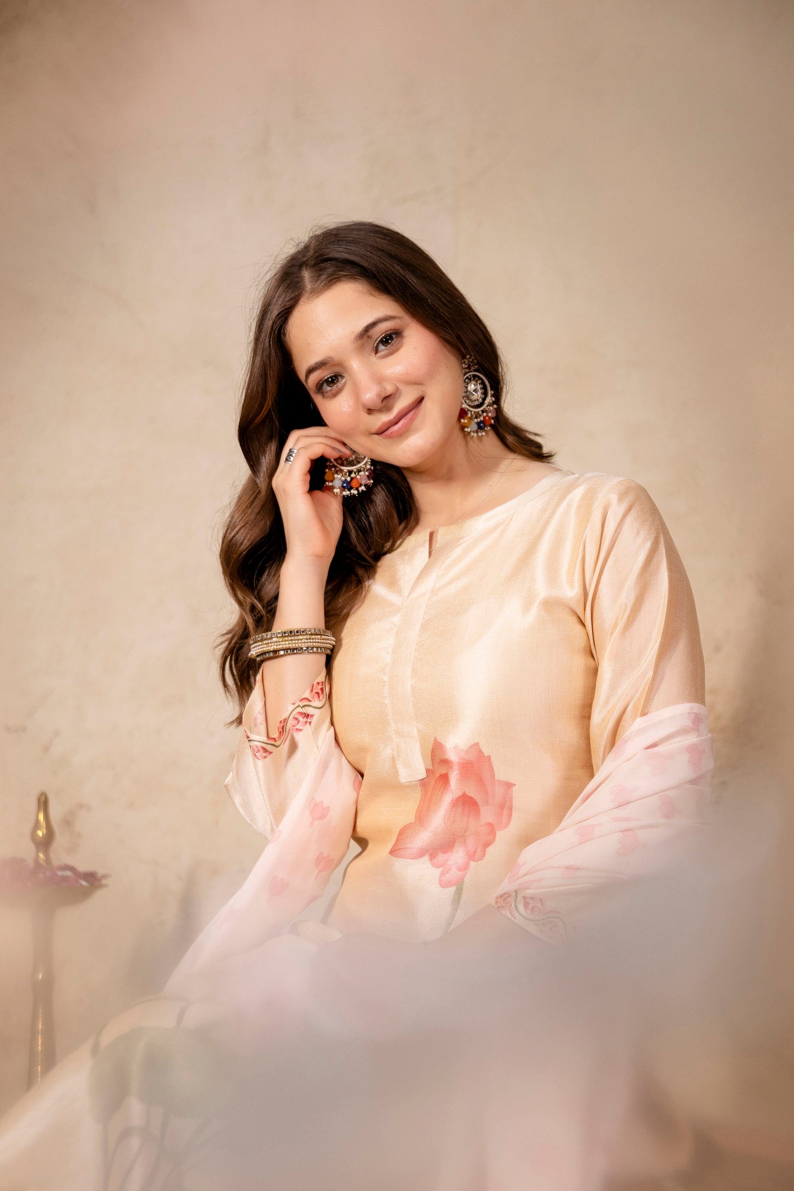 Cream Floral Printed Soft Assam Kurta Pant Set