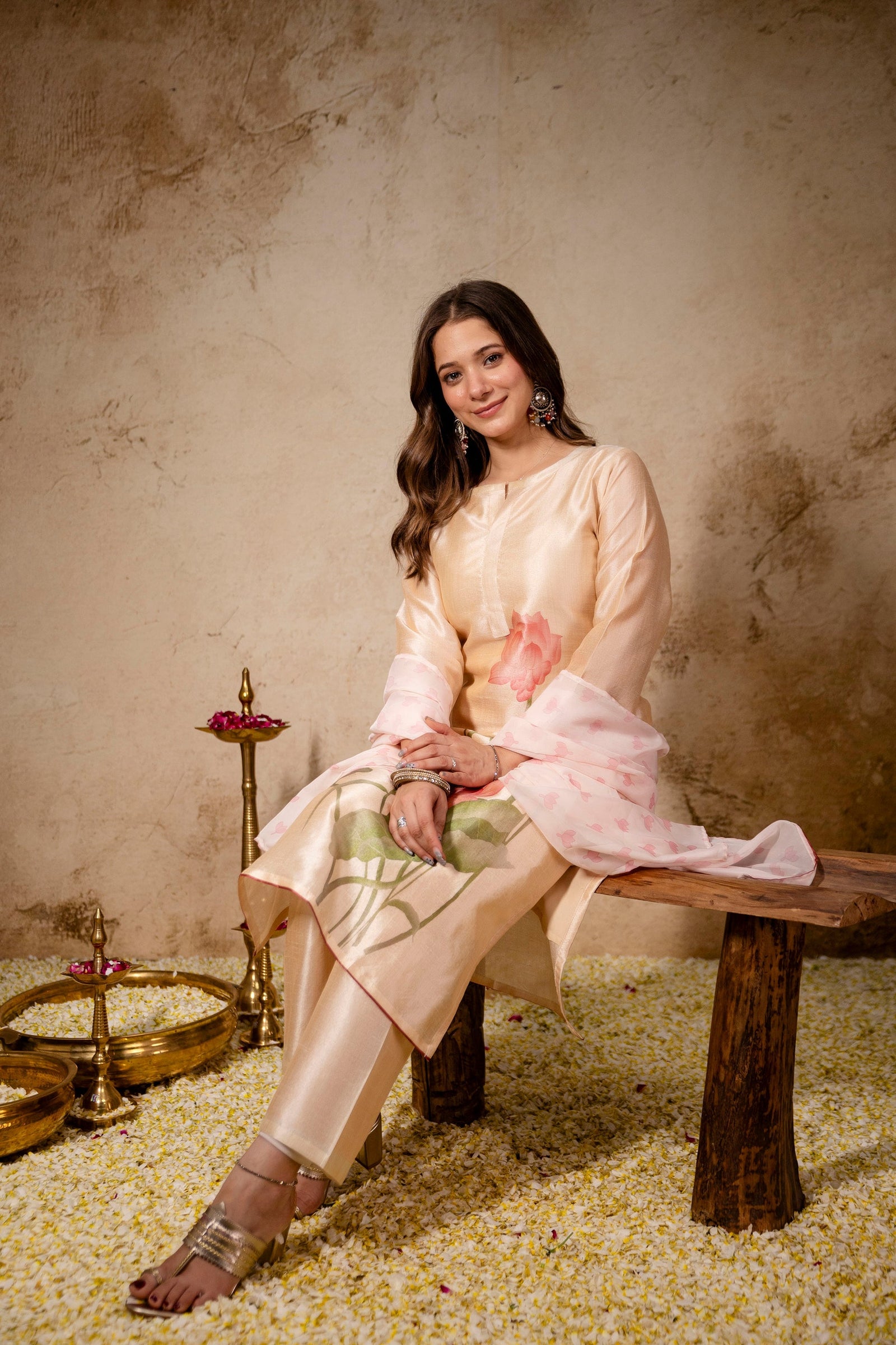 Cream Floral Printed Soft Assam Kurta Pant Set